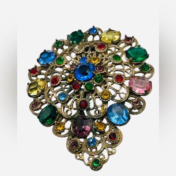 Vintage Jewelry - Huge Vintage 1930's Czech Multi Color Rhinestone Dress Clip